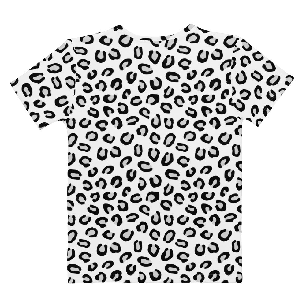 Women’s white cotton short-sleeved t-shirt with bold black leopard print pattern soft stretch pilling resistant tee