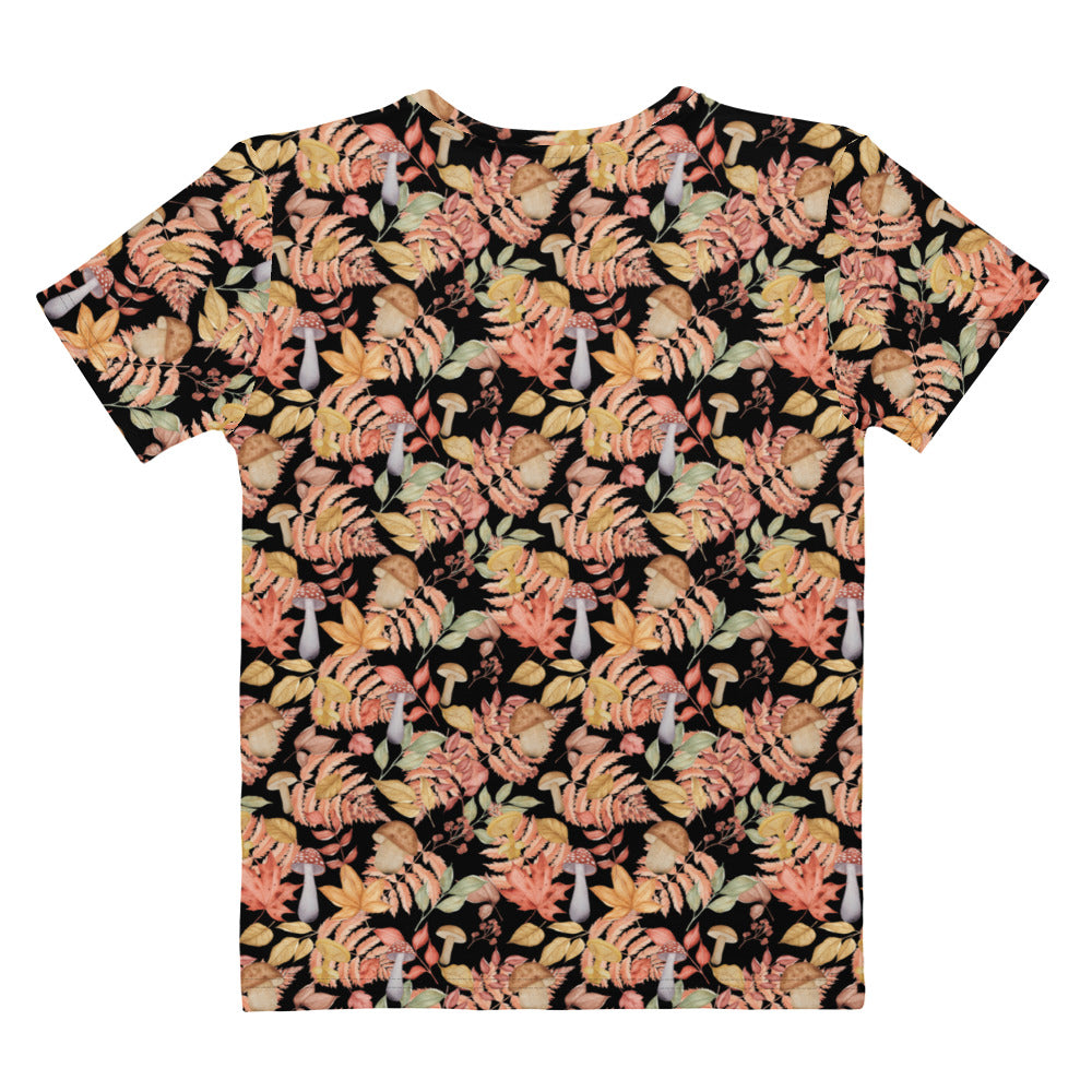Black cotton women’s t-shirt with vibrant autumnal orange yellow pink leaves and white mushroom print, soft stretch pilling resistant