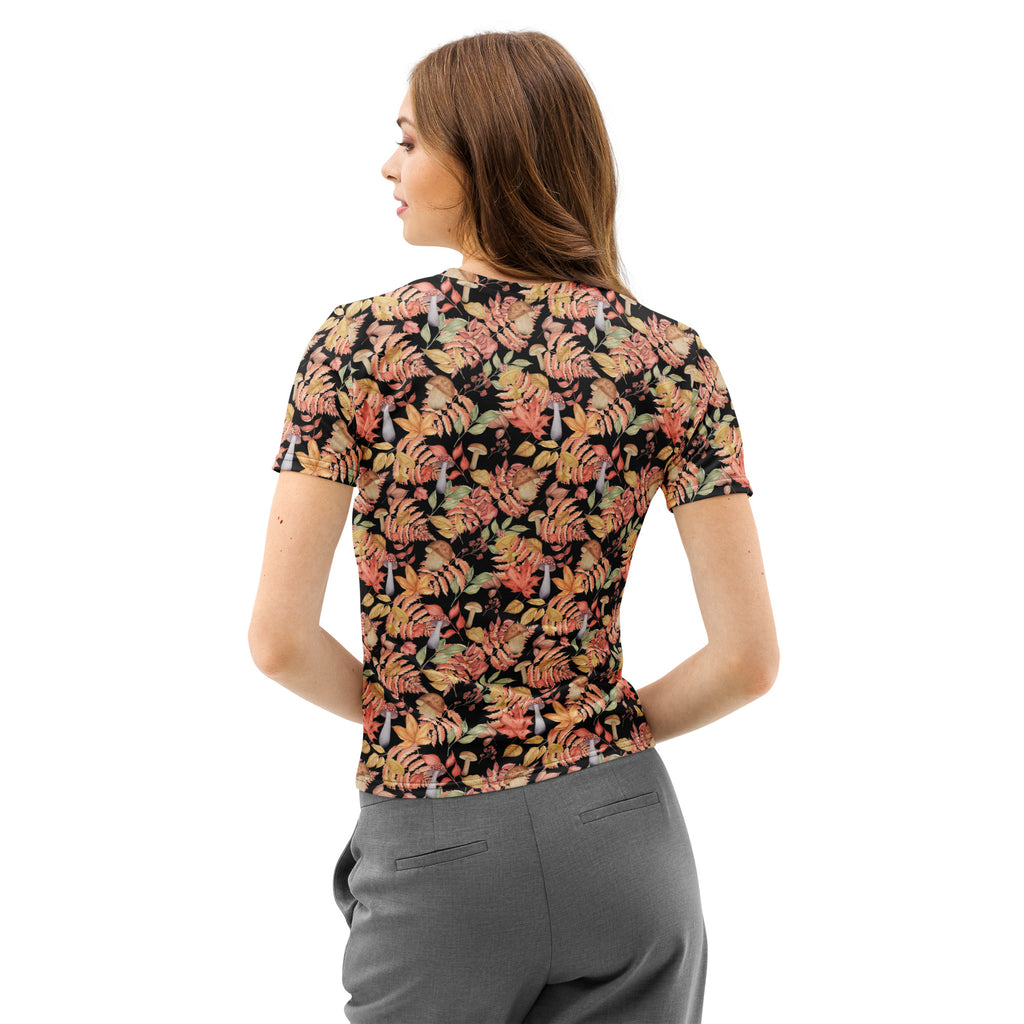 Women’s black short-sleeved cotton t-shirt with vibrant autumn botanical mushroom leaf print soft stretch pilling resistant