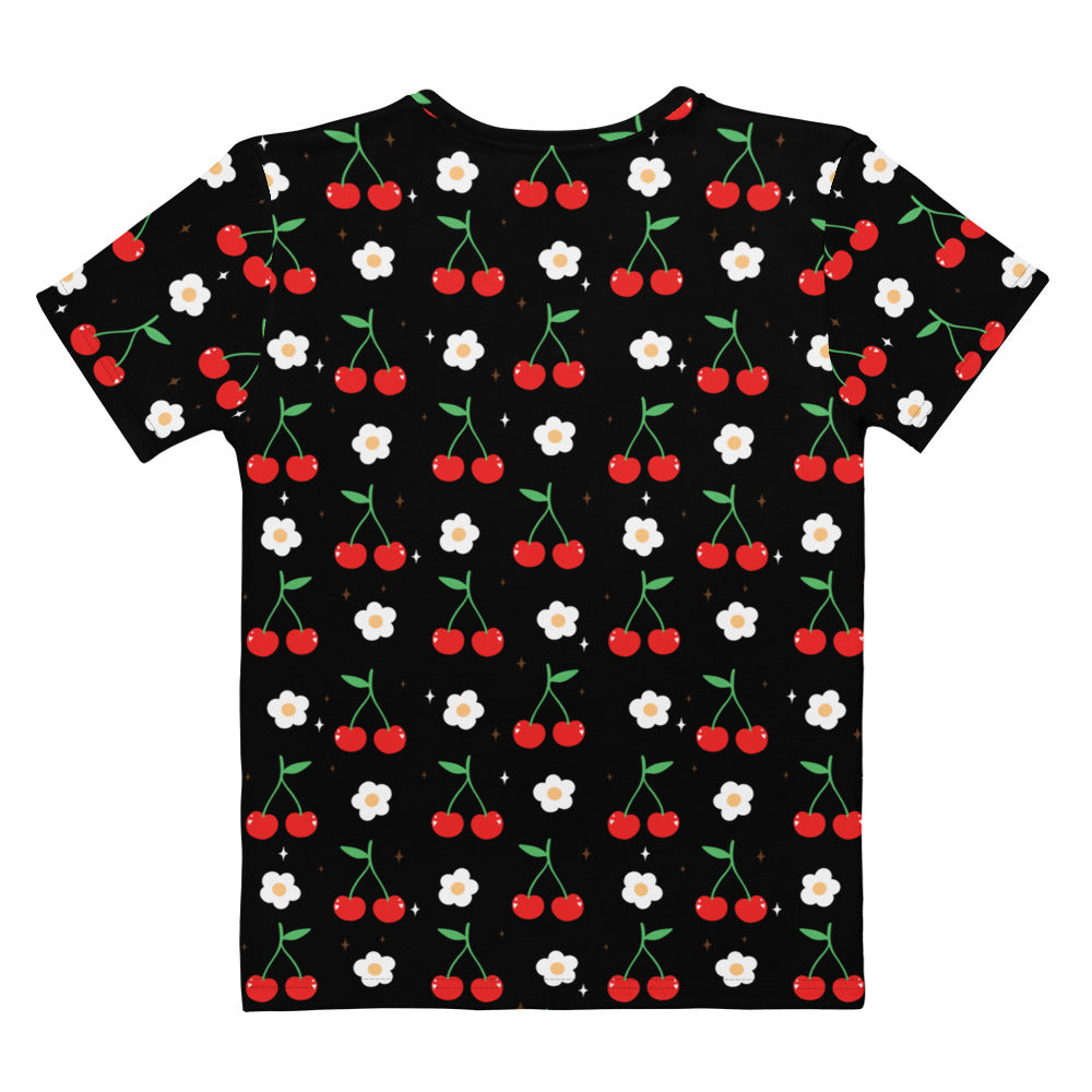 Women’s black cotton short-sleeved t-shirt with cherry and daisy print soft stretch pilling resistant tee