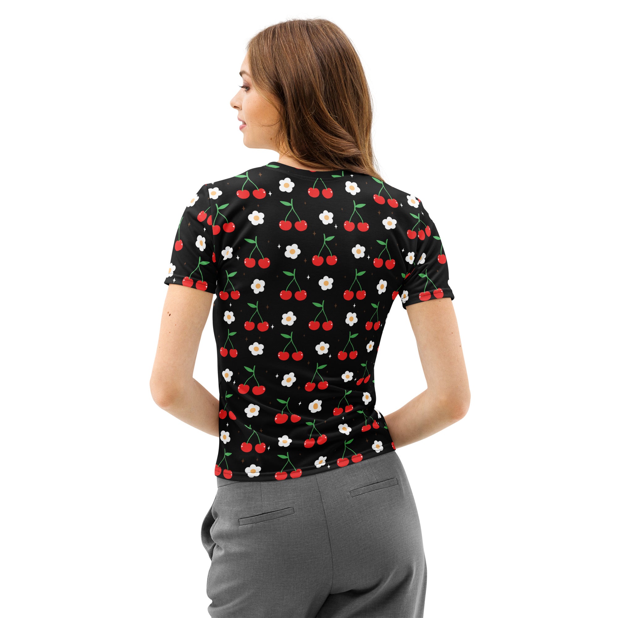 Women’s black cotton t-shirt with red cherry and white daisy print featuring soft stretch and pilling resistance