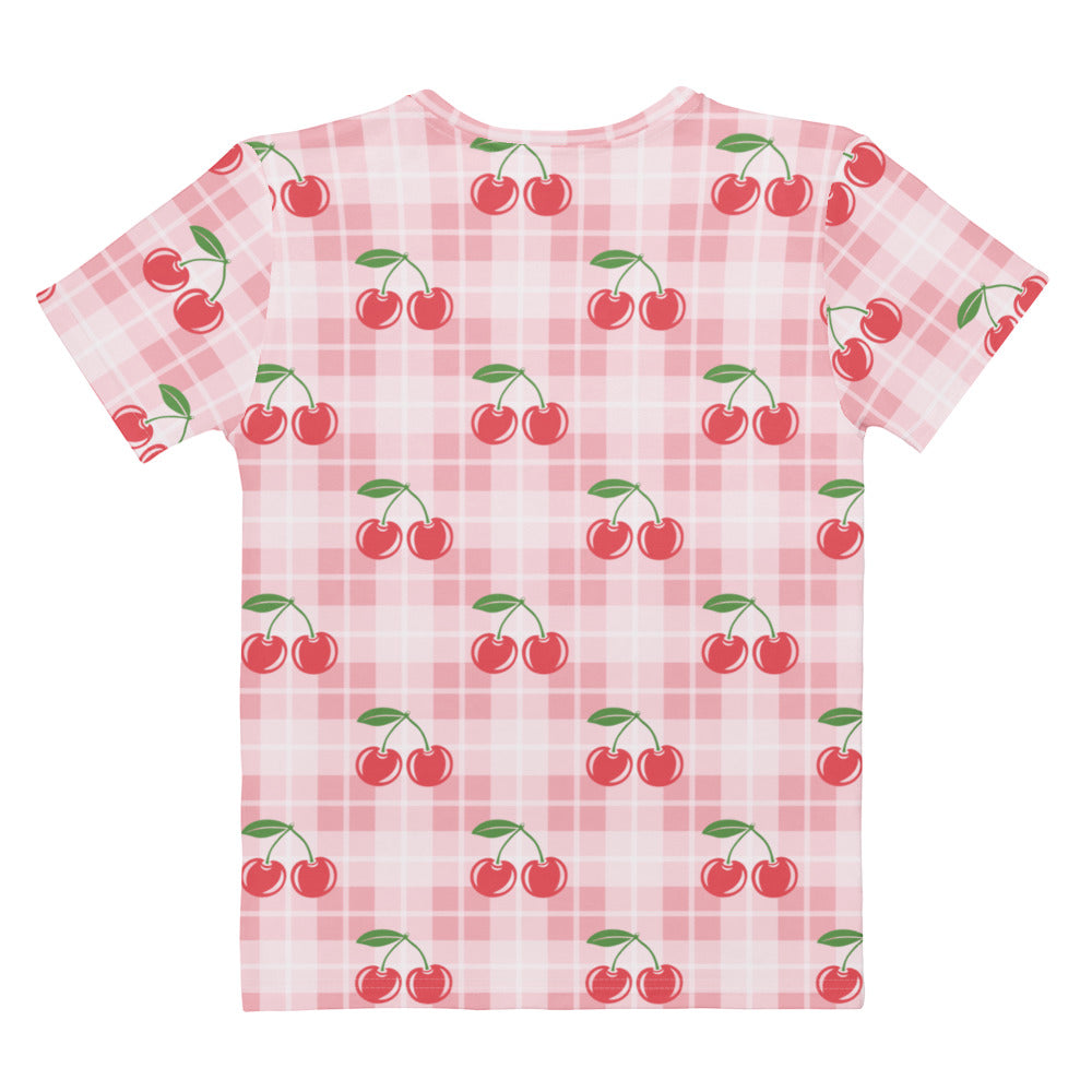 Women’s pink gingham cherry cotton t-shirt with short sleeves soft stretch and pilling resistant fabric