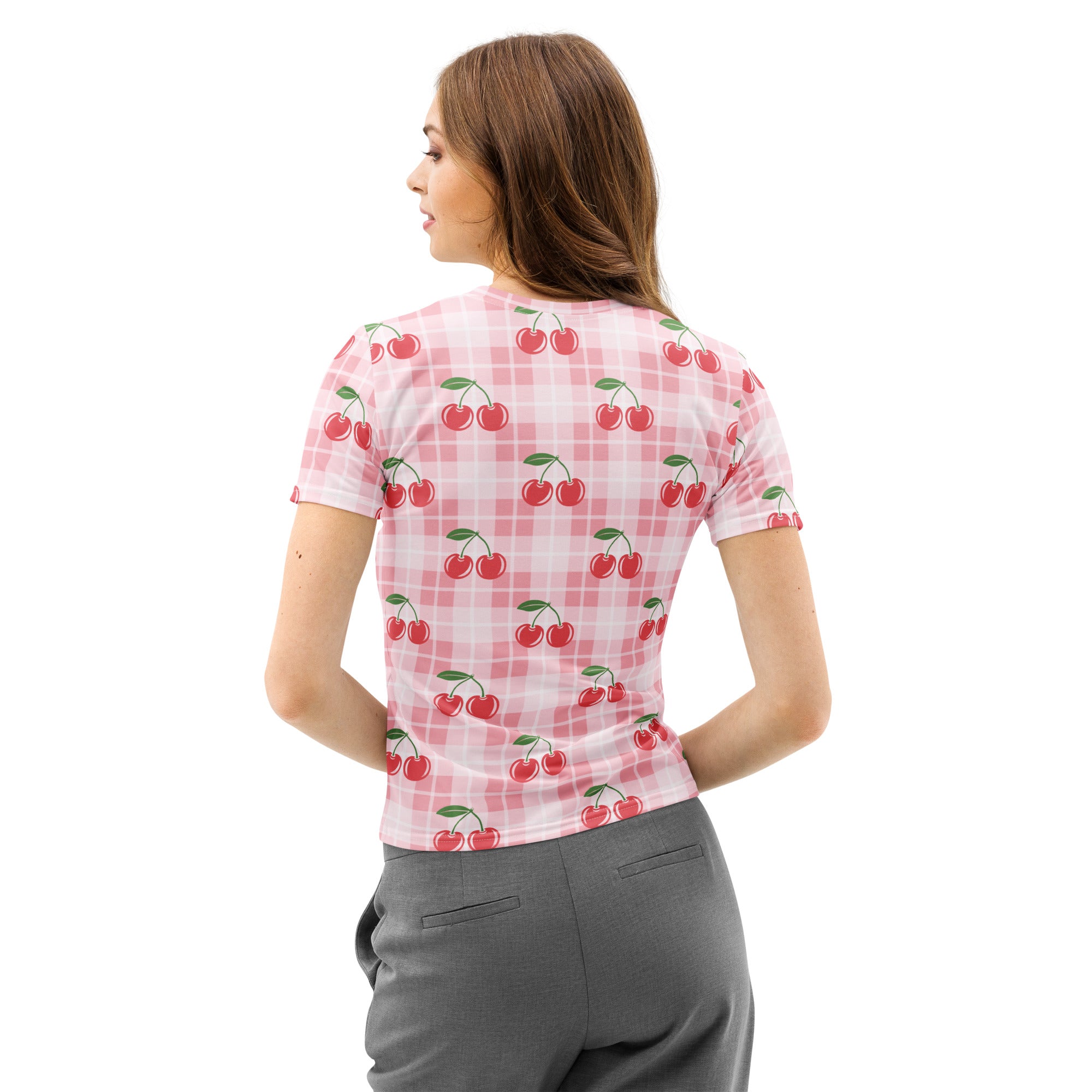 Women’s pink gingham cherry cotton t-shirt with short sleeves soft stretch and pilling resistant fabric