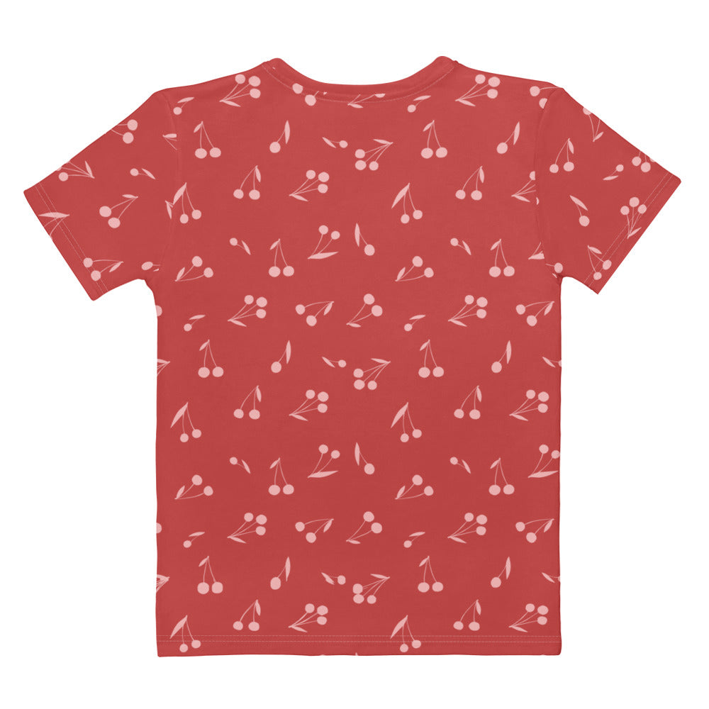 Women’s red short-sleeved cotton t-shirt with light pink cherry print soft stretch and pilling resistant tee