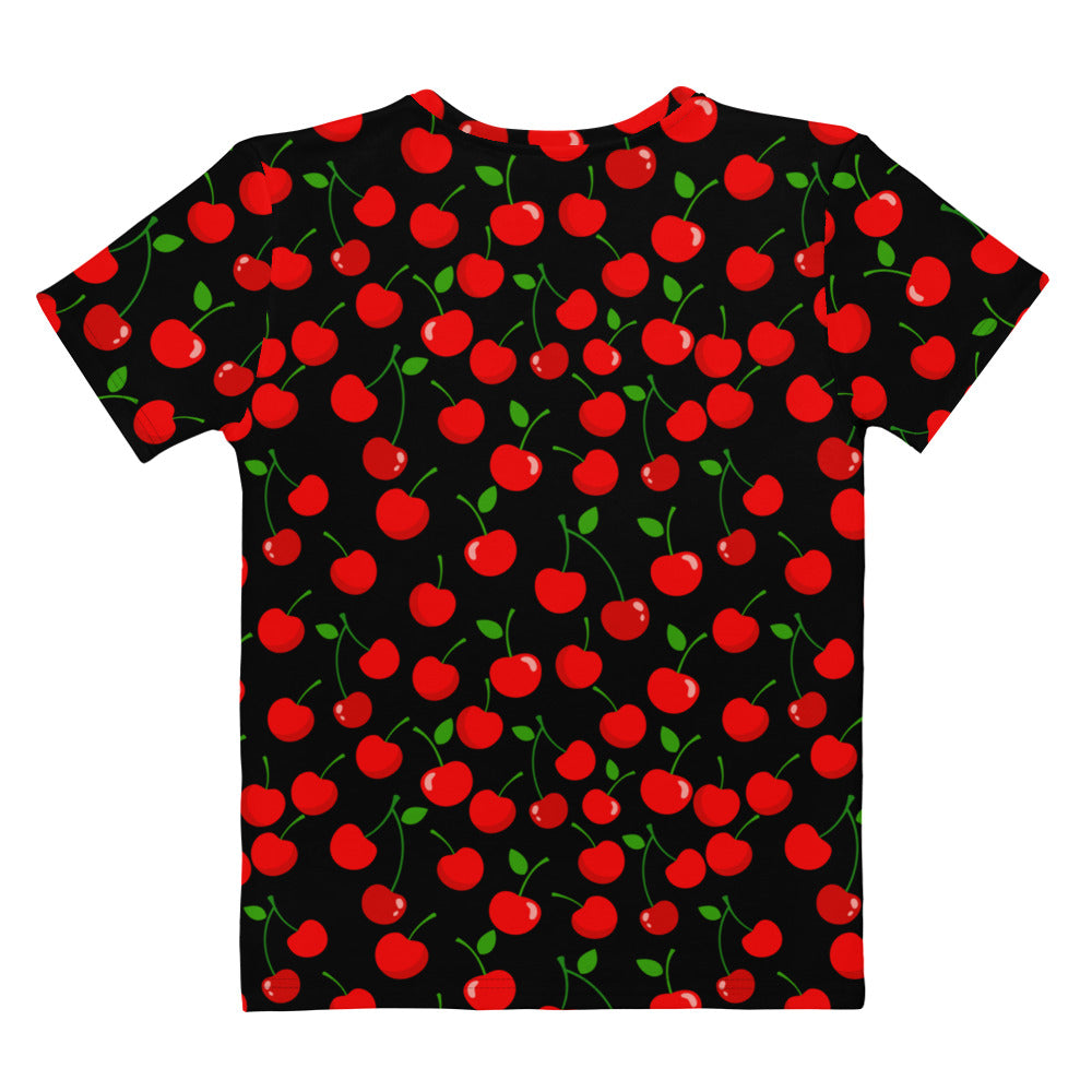 Black women’s cotton t-shirt with vibrant red cherry print soft stretch and pilling resistant short-sleeved tee