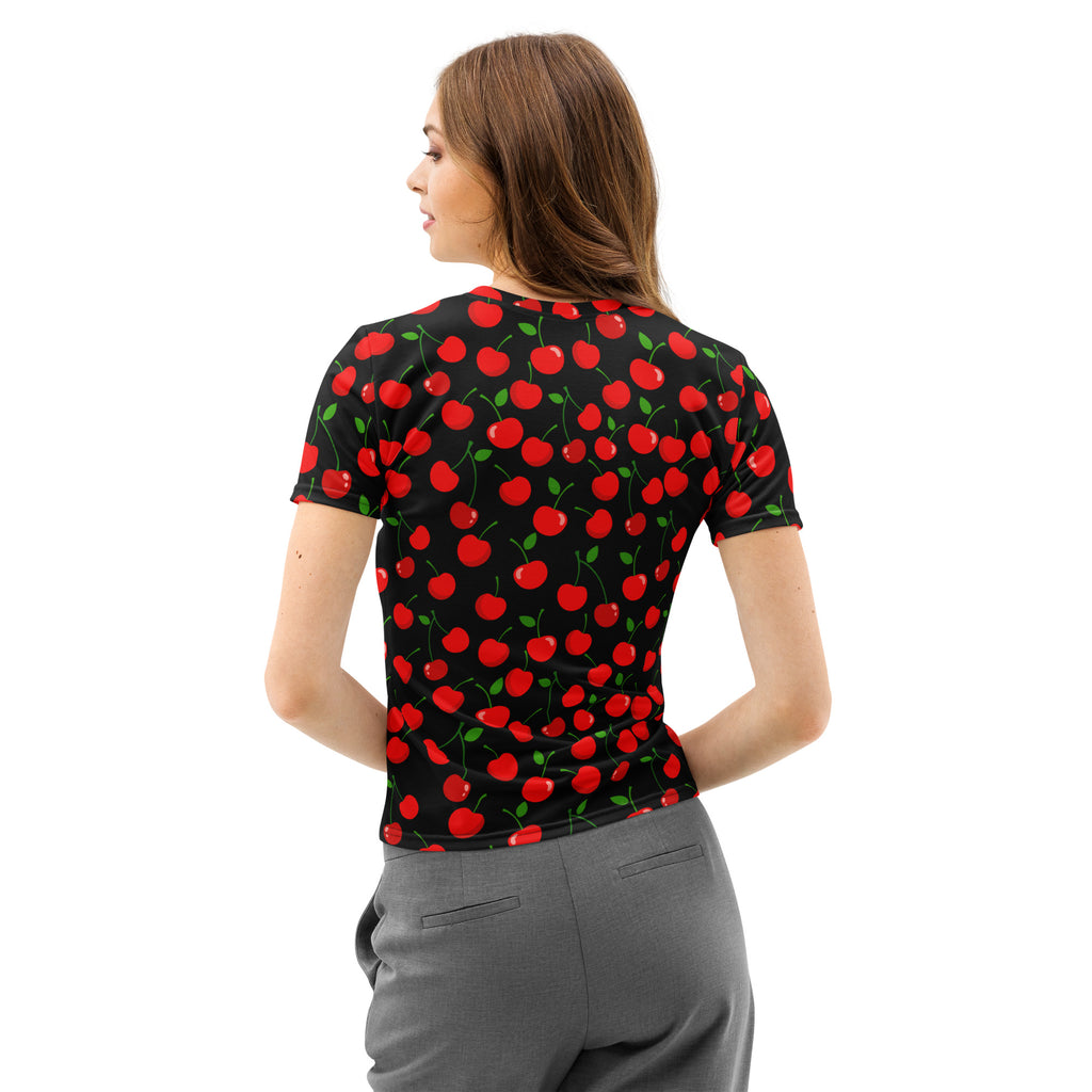 Black women’s cotton t-shirt with soft stretch featuring a vibrant red cherry print and green stems pilling resistant tee