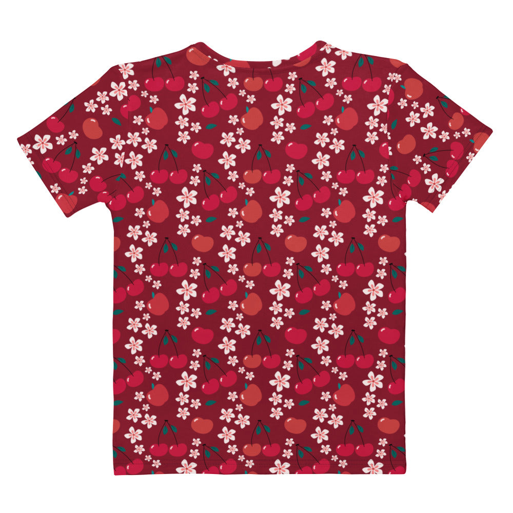 A vibrant red women’s cotton t-shirt with soft stretch and pilling resistant fabric featuring cherry blossom print