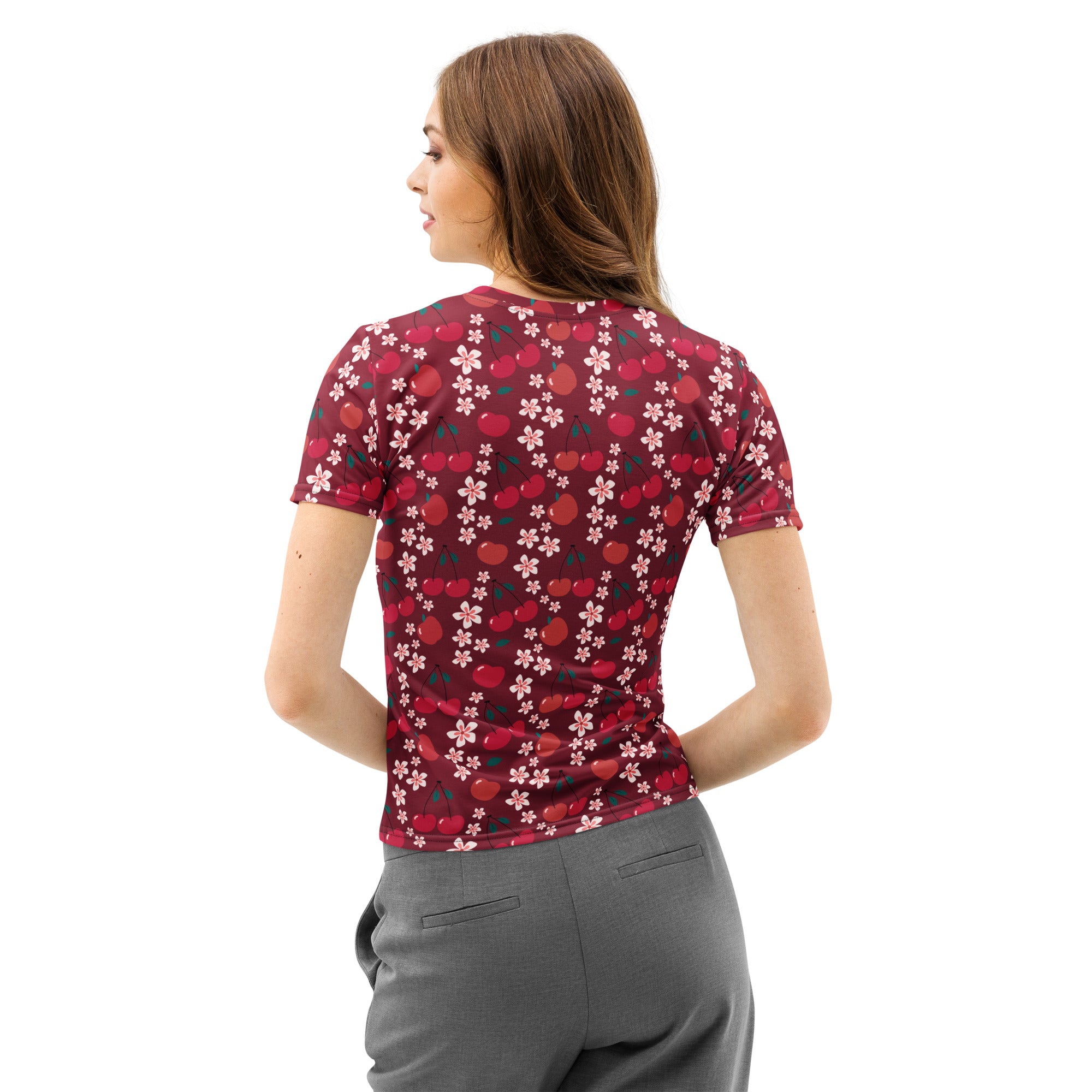 A maroon women’s cotton t-shirt with short sleeves featuring a vibrant red cherry and pink cherry blossom pattern