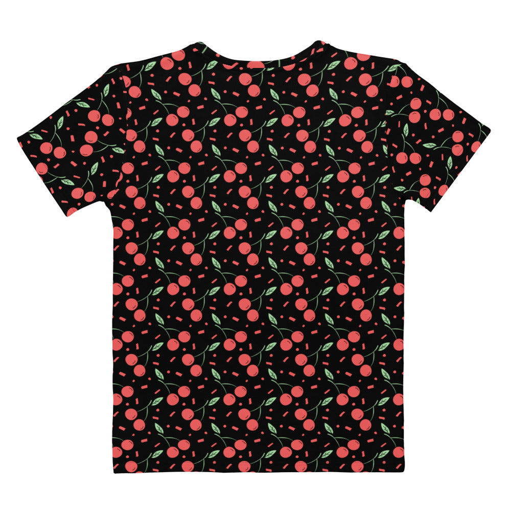 Black women’s cotton t-shirt with soft stretch features vibrant red cherry print and pink confetti dots design