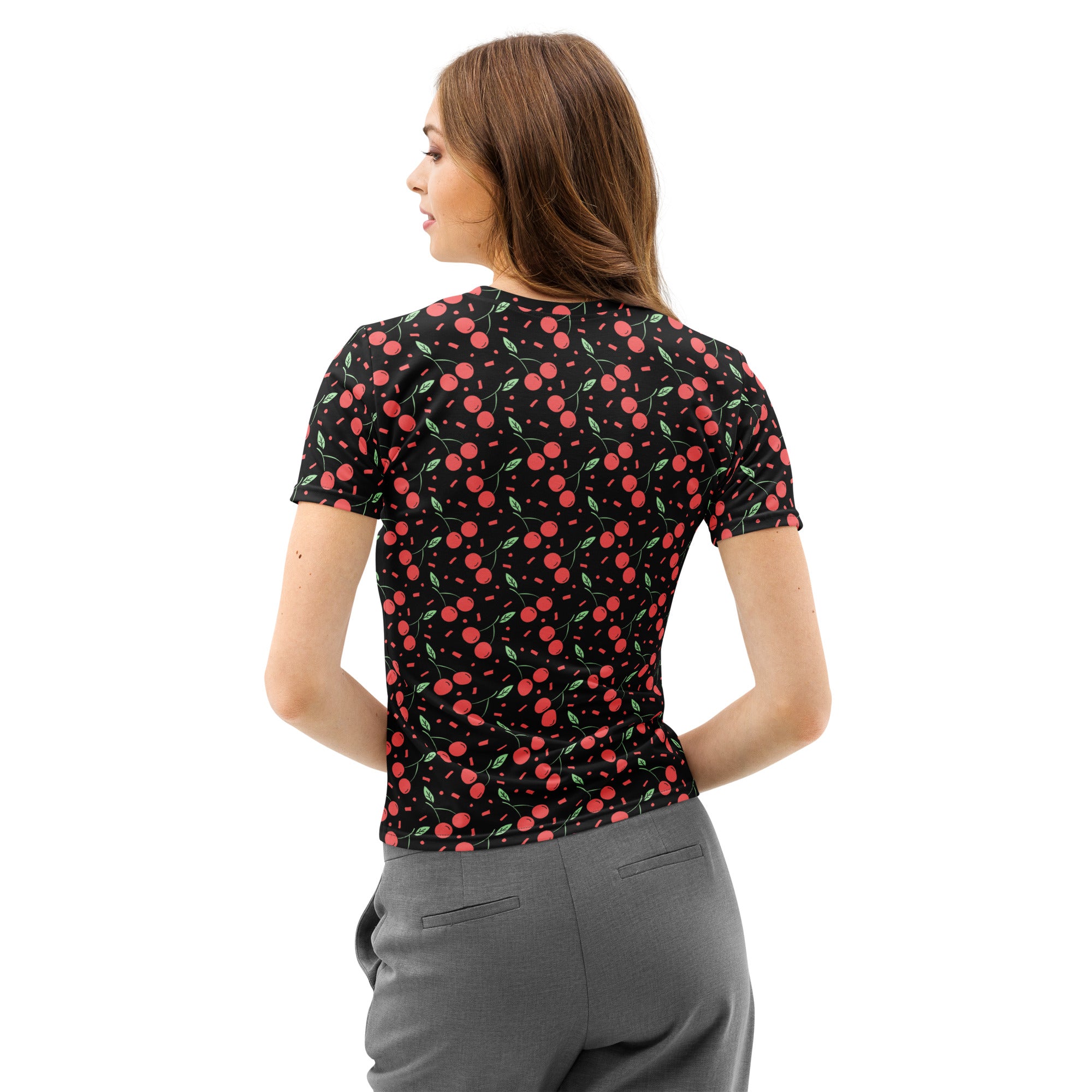 Women’s black cotton t-shirt with red cherry confetti print green stems soft stretch pilling resistant tee