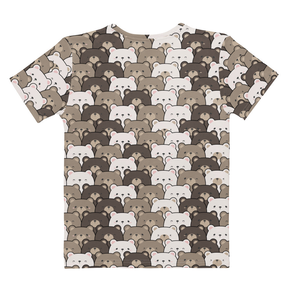 Women’s bear face cotton t-shirt with soft stretch and pilling resistant dense cartoon bear print in white beige and brown