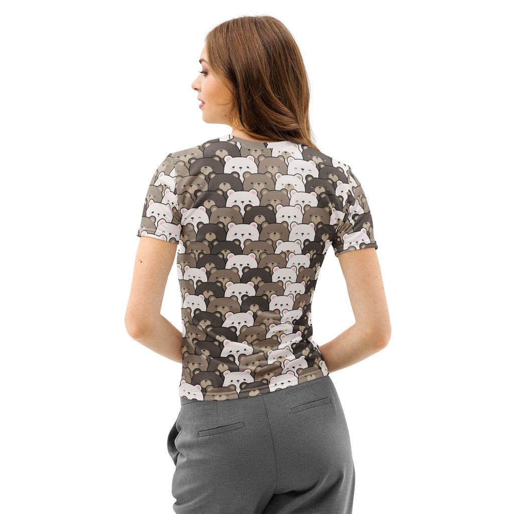 Women’s cotton short-sleeved t-shirt with soft stretch and pilling resistant fabric featuring cartoon bear faces in white gray and brown