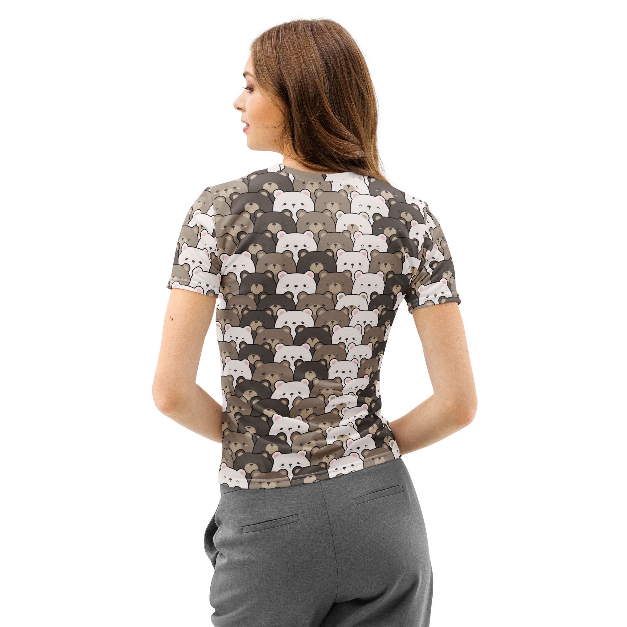 Women’s cotton short-sleeved t-shirt with soft stretch and pilling resistant fabric featuring cartoon bear faces in white gray and brown