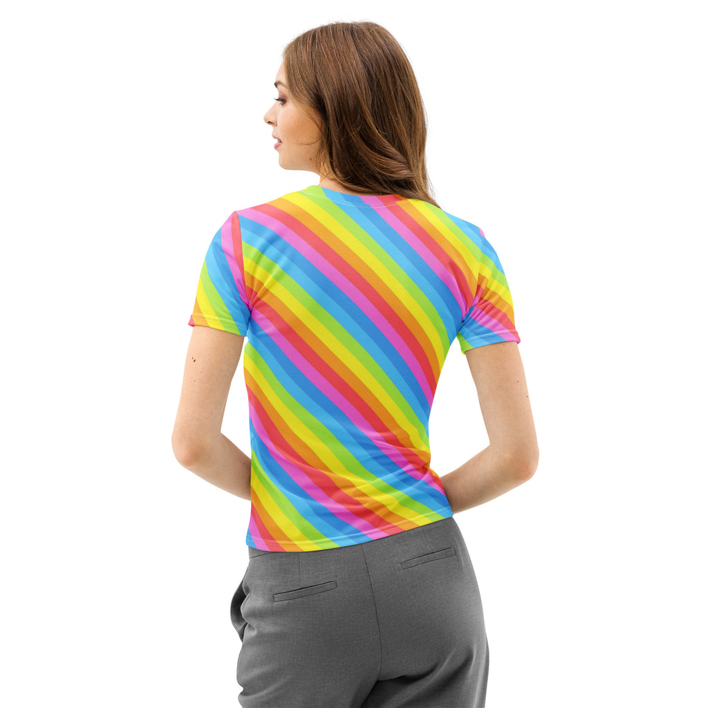 Women’s Rainbow Diagonal Stripe Cotton T-Shirt – Soft Stretch Pilling Resistant Tee