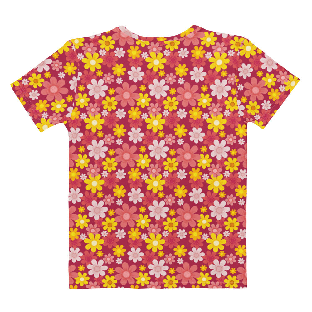 Women’s red floral cotton t-shirt with vibrant pink short sleeves and colorful yellow and white floral pattern