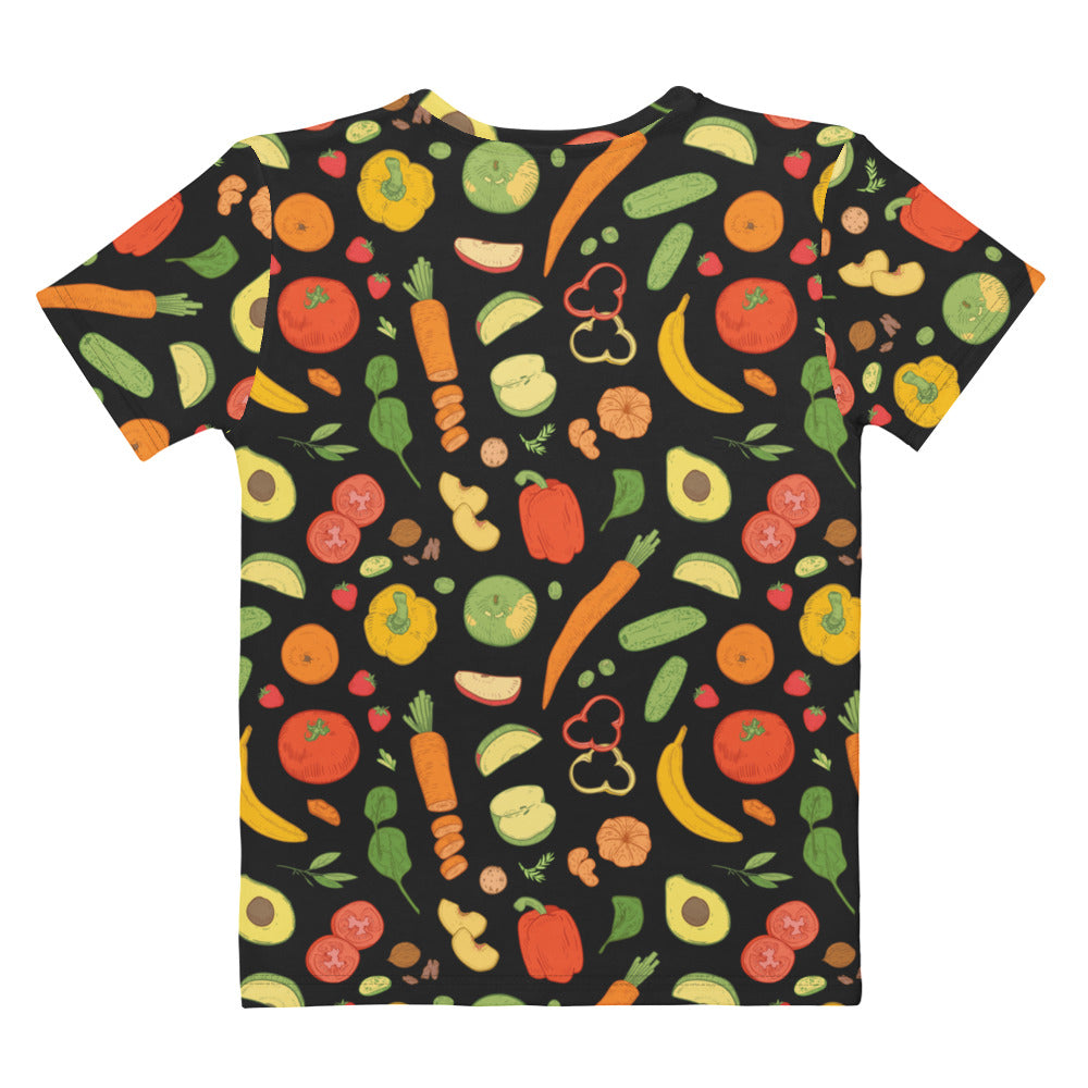 Black women’s vegetable print cotton t-shirt with vibrant all-over fruit and vegetable illustrations, soft stretch fabric