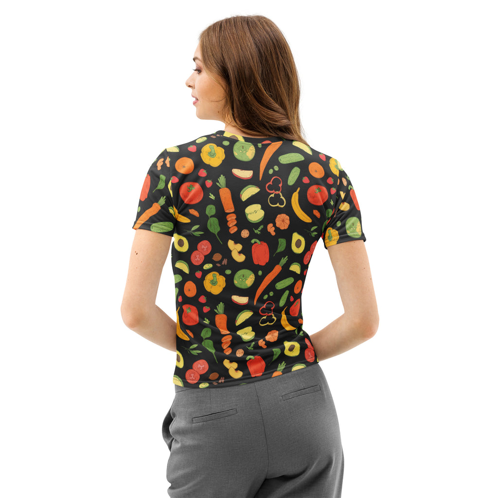 Black short-sleeved cotton t-shirt with vibrant colorful cartoon vegetable and fruit print soft stretch pilling resistant