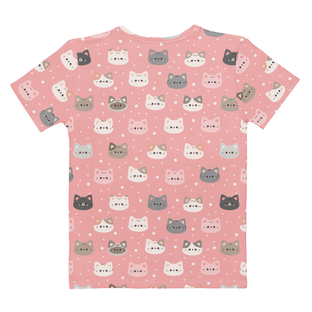 Women’s soft stretch pink cotton t-shirt with playful gray white and pink cartoon cat faces and small polka dots print