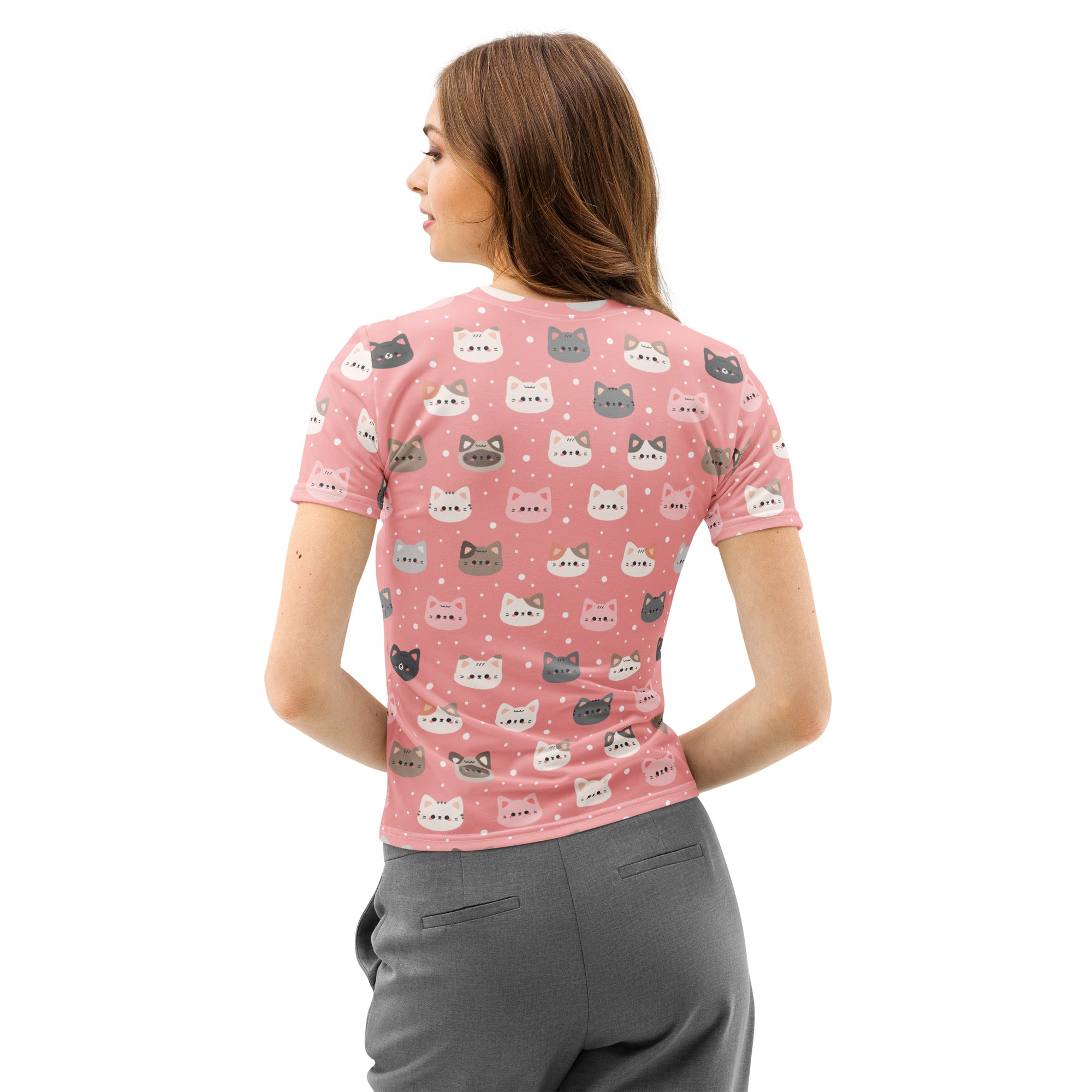 Women’s cute pink cat faces cotton t-shirt with soft stretch, pilling resistant fabric and playful cartoon cat pattern