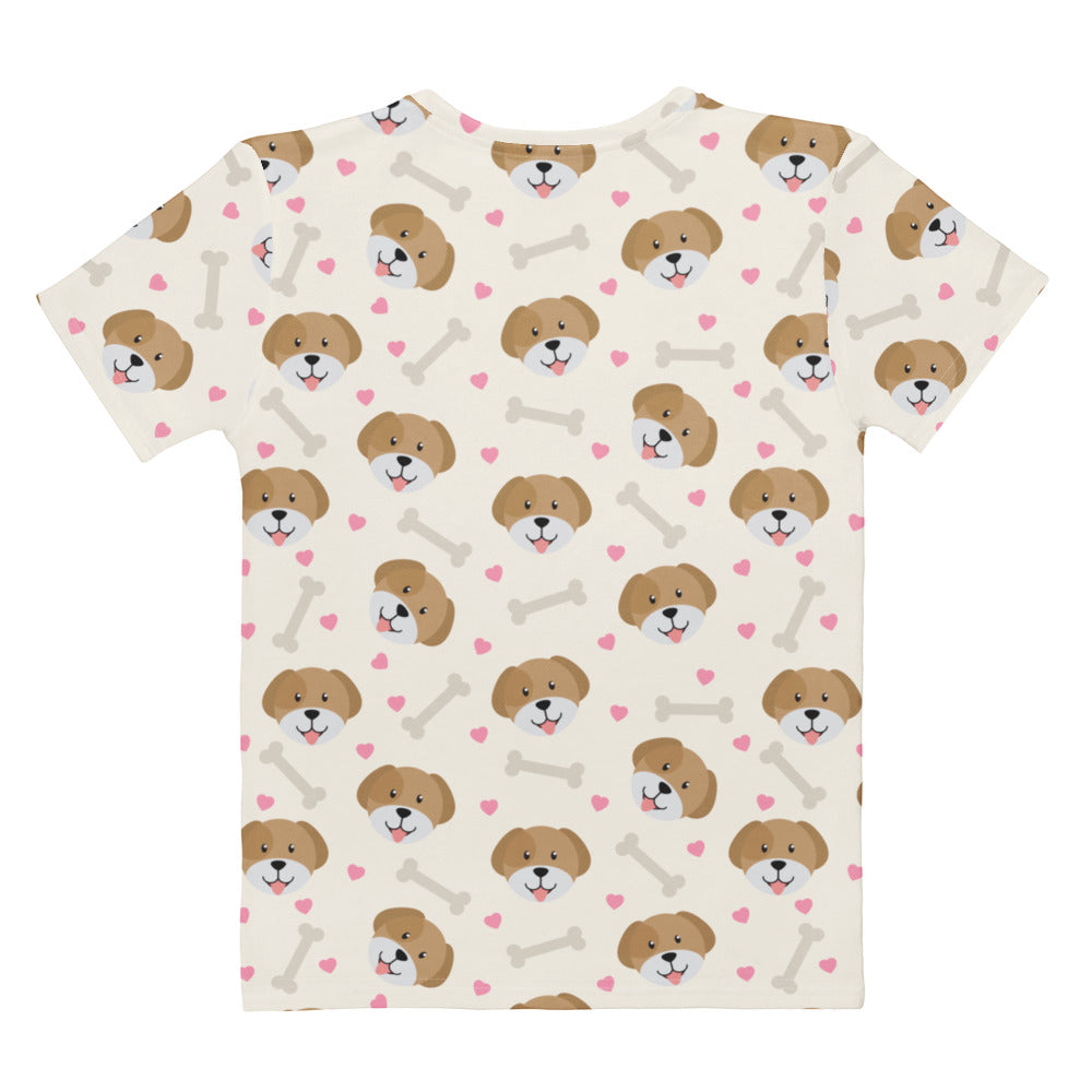 Women’s cream cotton t-shirt with soft stretch and playful puppy face print featuring pink hearts and white bones