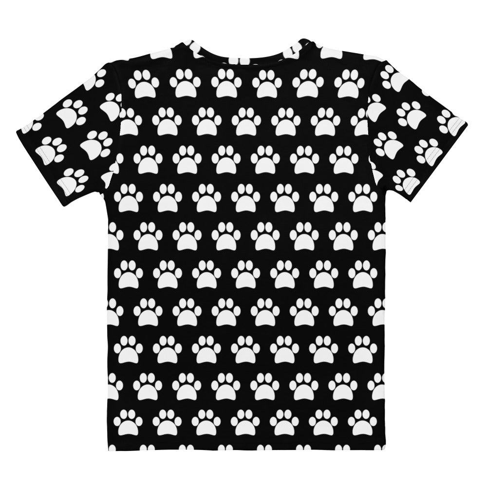 Women’s black cotton short-sleeved t-shirt with white paw print pattern soft stretch pilling resistant tee