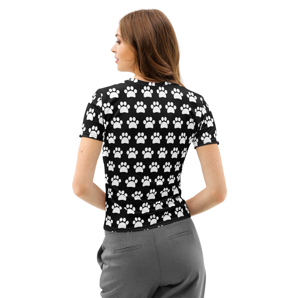 Women’s black cotton t-shirt with soft stretch and white paw print pattern pilling resistant short-sleeved top