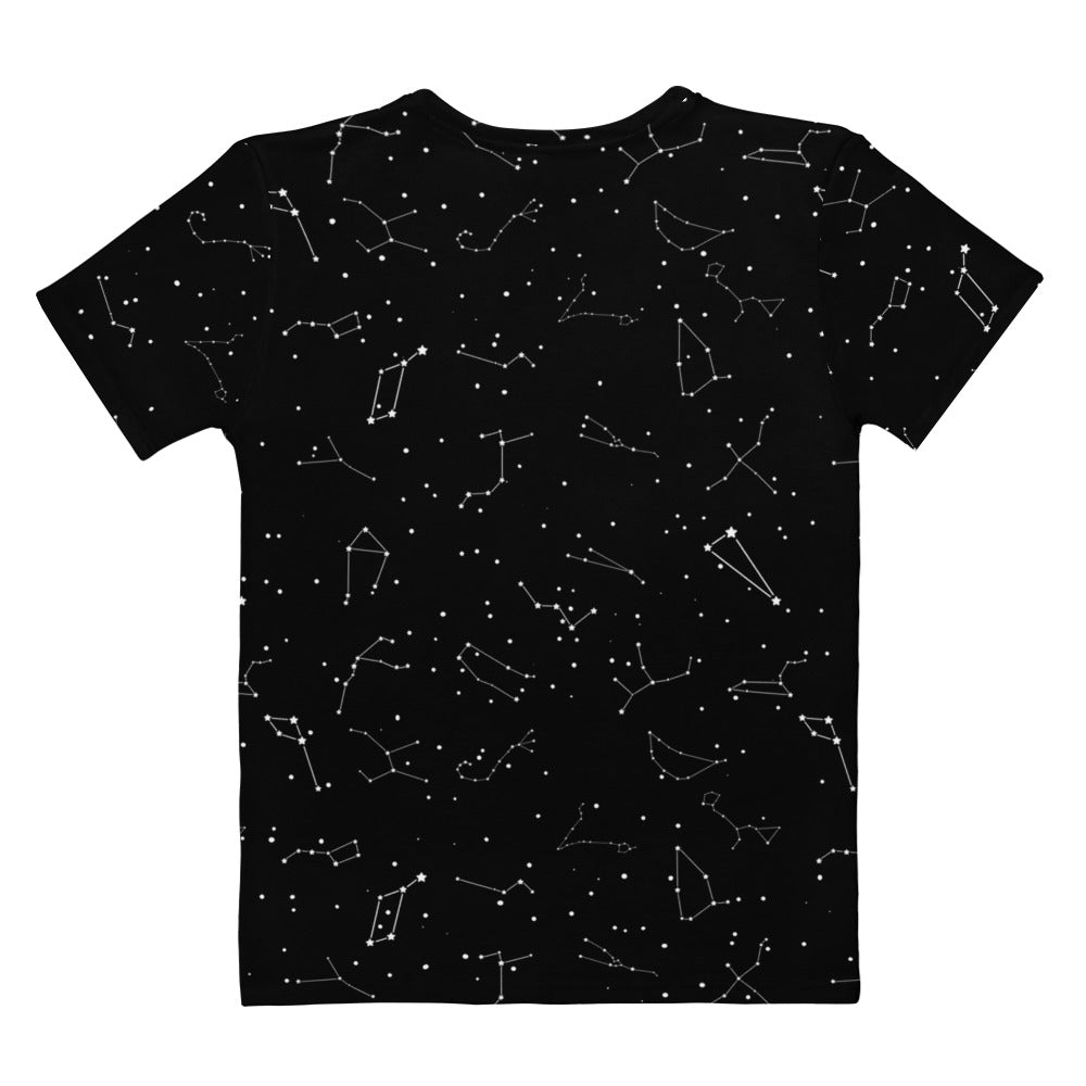 Black womens cotton t-shirt with white realistic constellation pattern soft stretch pilling resistant fabric