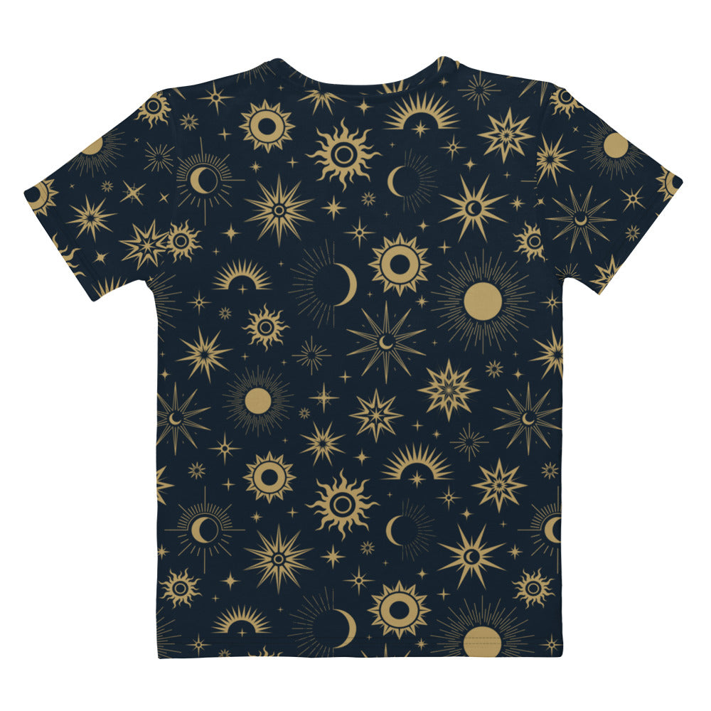 Women’s dark blue cotton t-shirt with vibrant gold celestial sun moon and stars pattern soft stretch pilling resistant tee