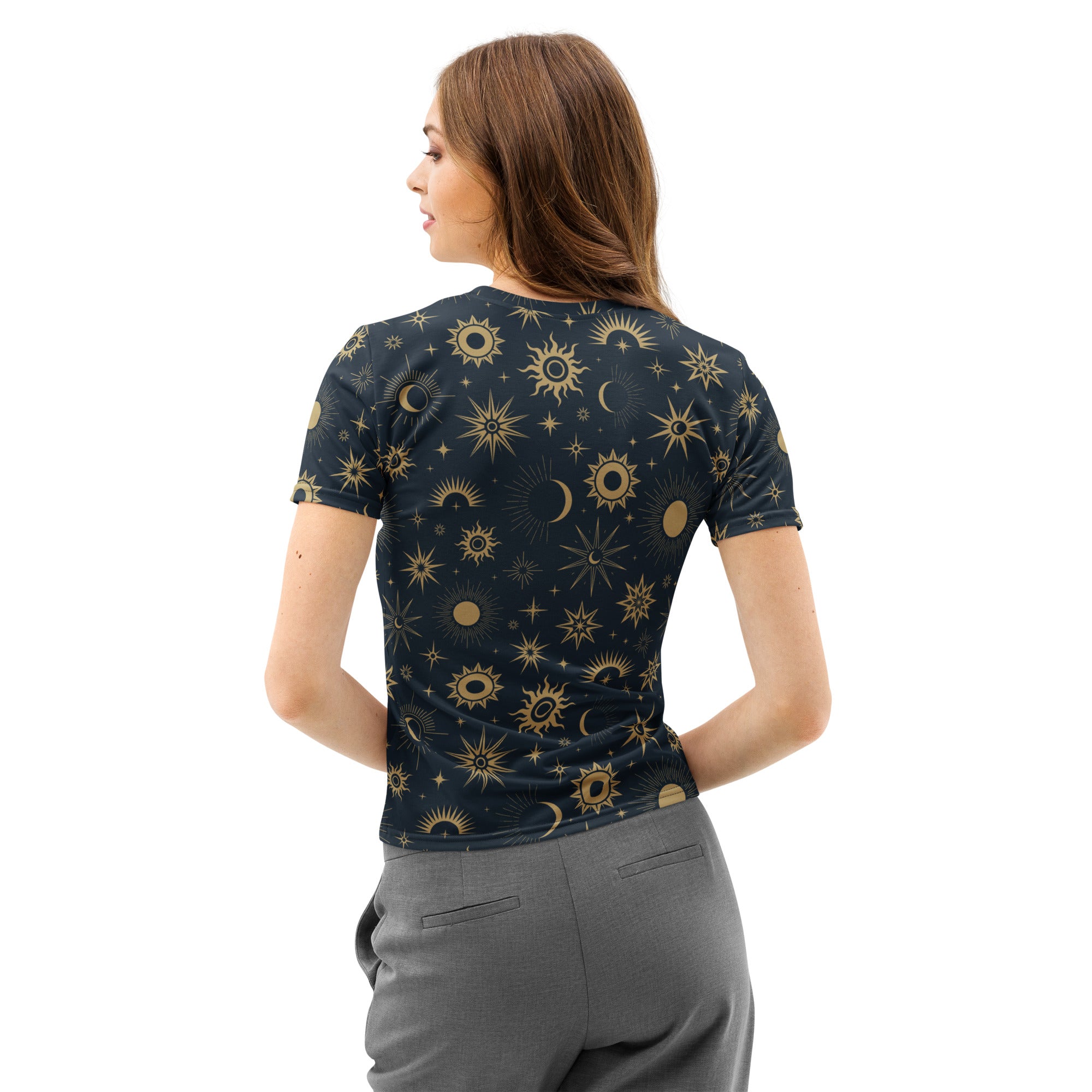 Dark blue women’s cotton t-shirt with golden celestial sun moon star pattern soft stretch pilling resistant tee