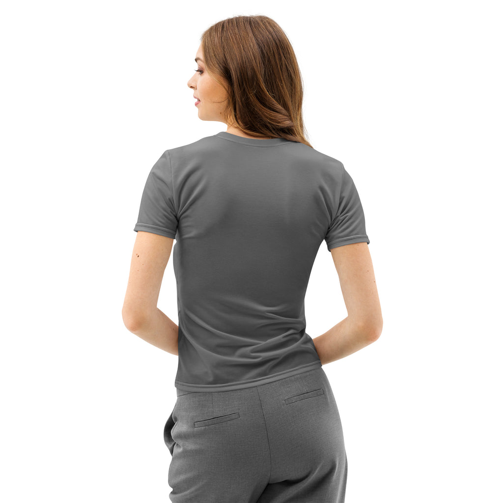 Women’s gray cotton short-sleeved fitted t-shirt with round neckline and subtle seam detailing soft stretch pilling resistant tee