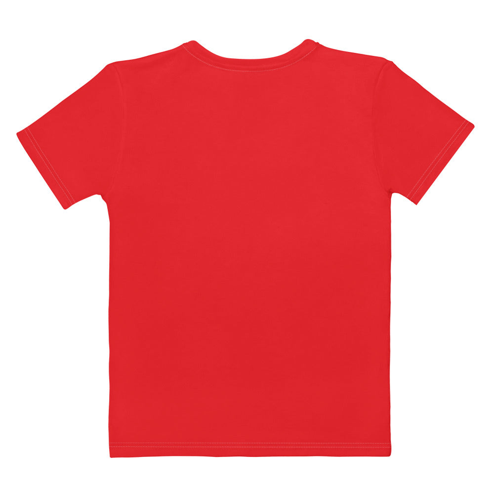 Women’s red cotton t-shirt with soft stretch, pilling resistant fabric, short sleeves, and classic crew neck