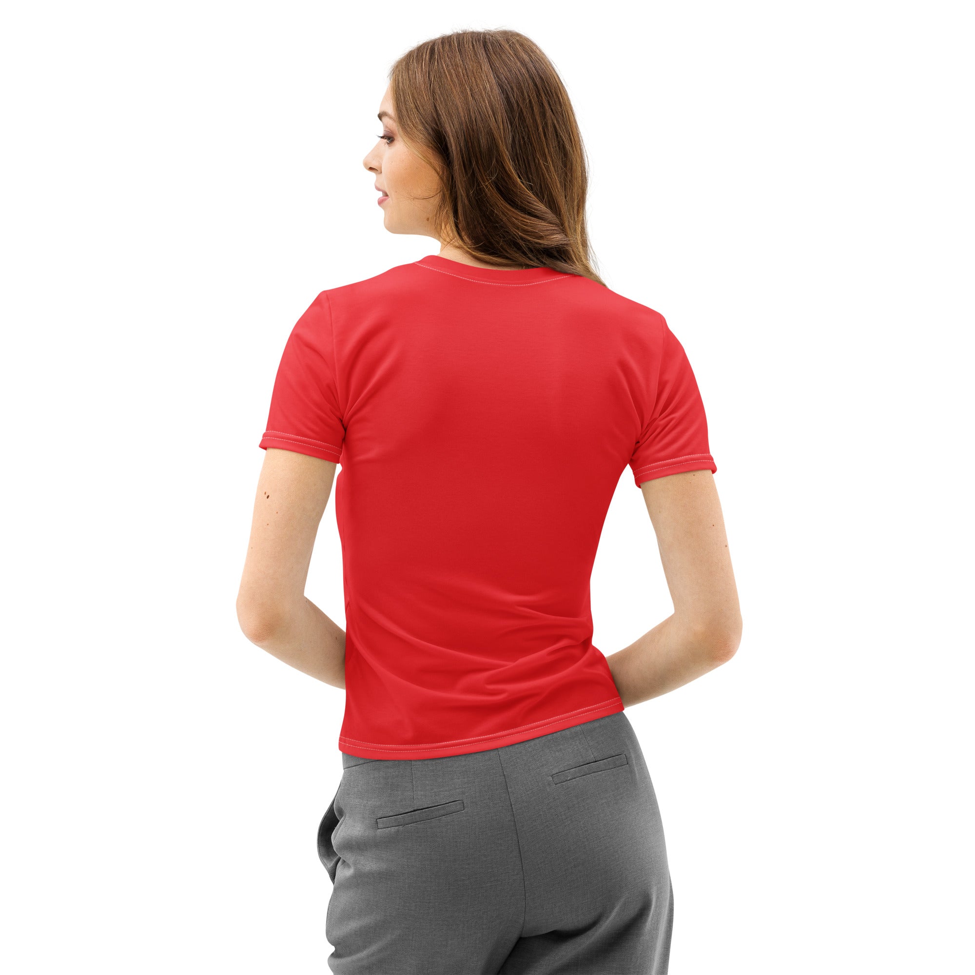 Women’s red cotton t-shirt with soft stretch pilling resistant fabric and simple crew neck short sleeves