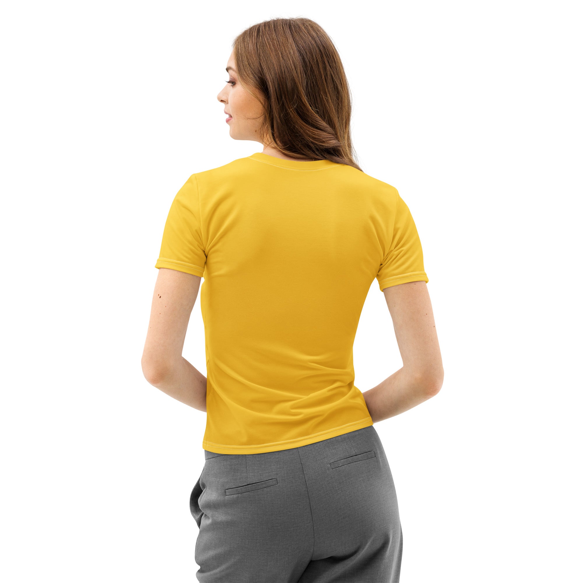 A vibrant yellow women’s short-sleeved cotton t-shirt with a soft stretch fabric and pilling resistant finish