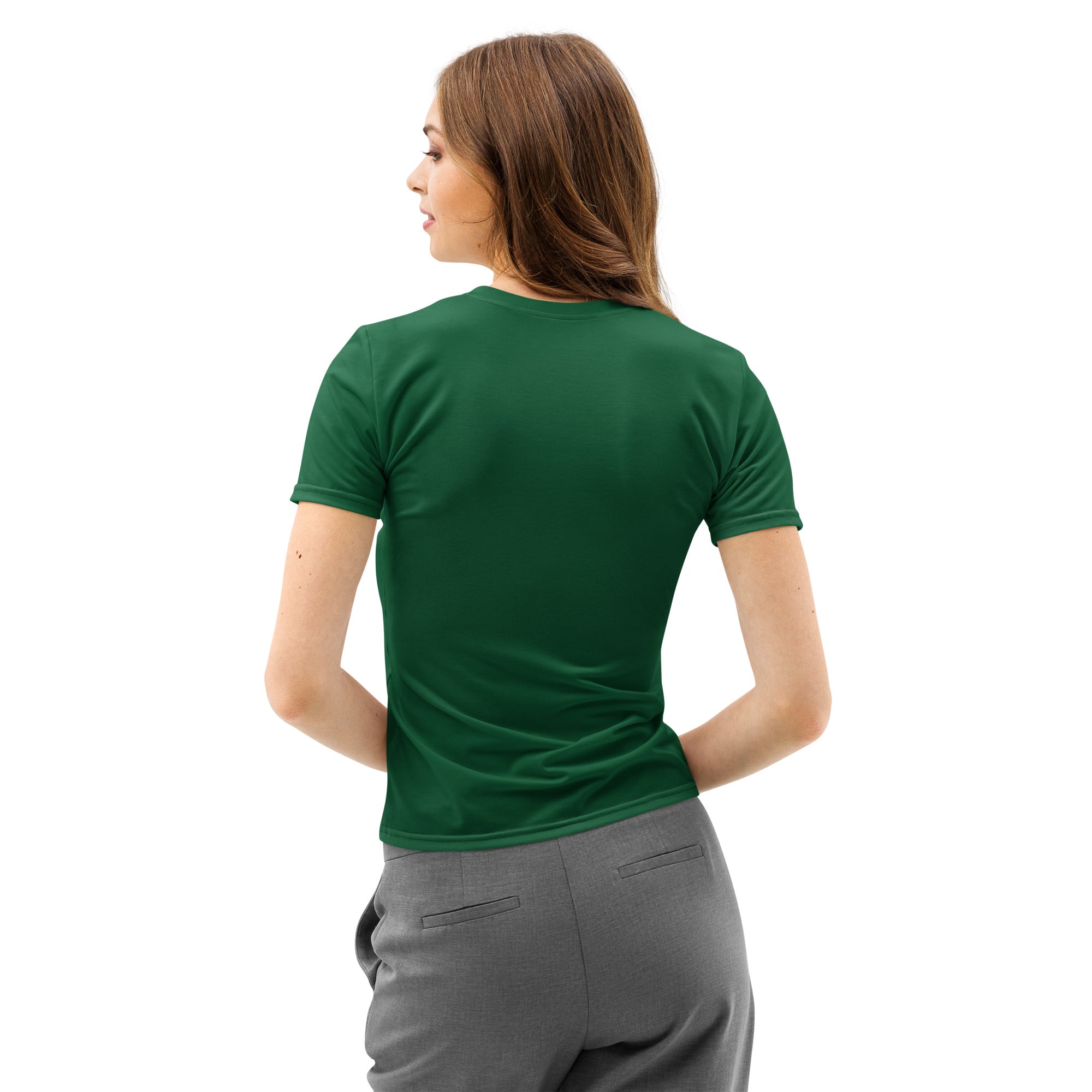 A fitted dark green cotton t-shirt with short sleeves and round neckline soft stretch pilling resistant tee
