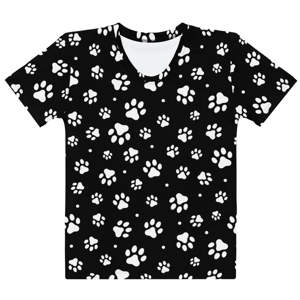 Black short-sleeved women’s cotton t-shirt with white paw print all-over pattern soft stretch pilling resistant tee