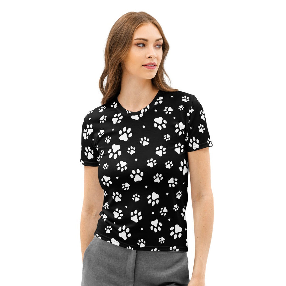 Black women’s short-sleeved cotton t-shirt with white paw print pattern soft stretch pilling resistant tee