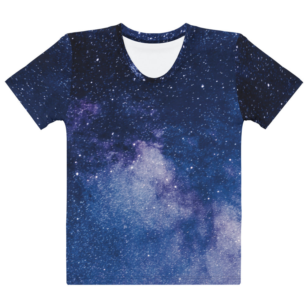 Women’s navy blue cotton t-shirt featuring a full-body milky way galaxy print in purple white and deep blue colors