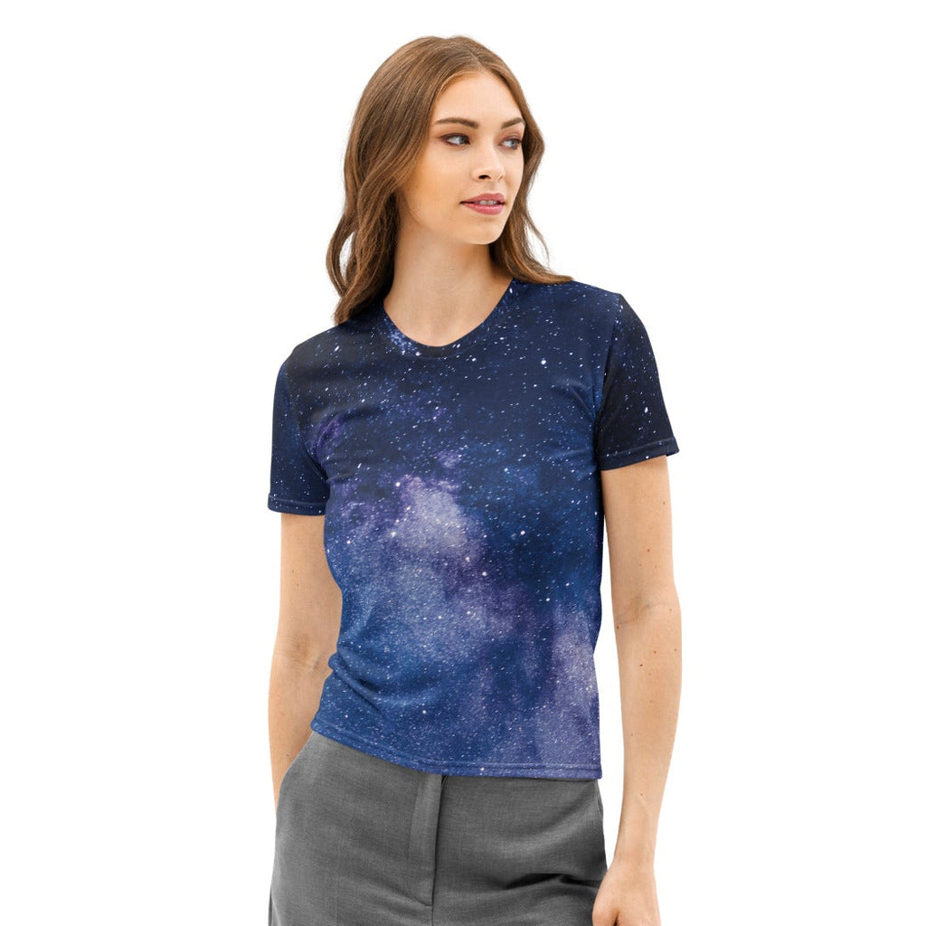 Women’s navy blue short-sleeved cotton t-shirt with a realistic galaxy print in purple and white, soft and pilling resistant