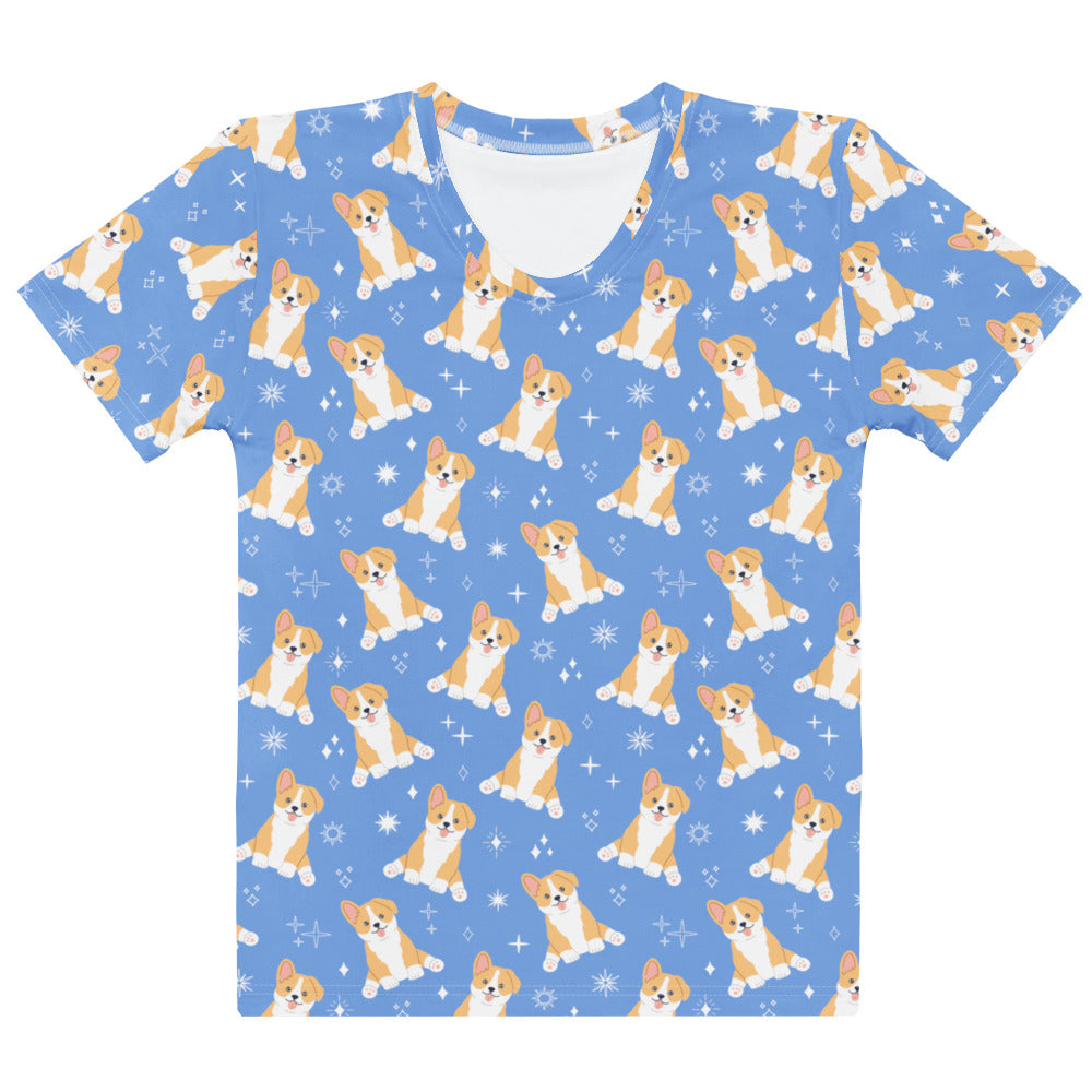Women’s soft stretch cotton blue t-shirt featuring playful all-over tan and white corgi puppies print with star sparkles