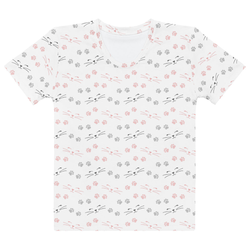 White women’s short-sleeved cotton t-shirt with soft stretch featuring playful pink and gray cat faces and paw prints pattern