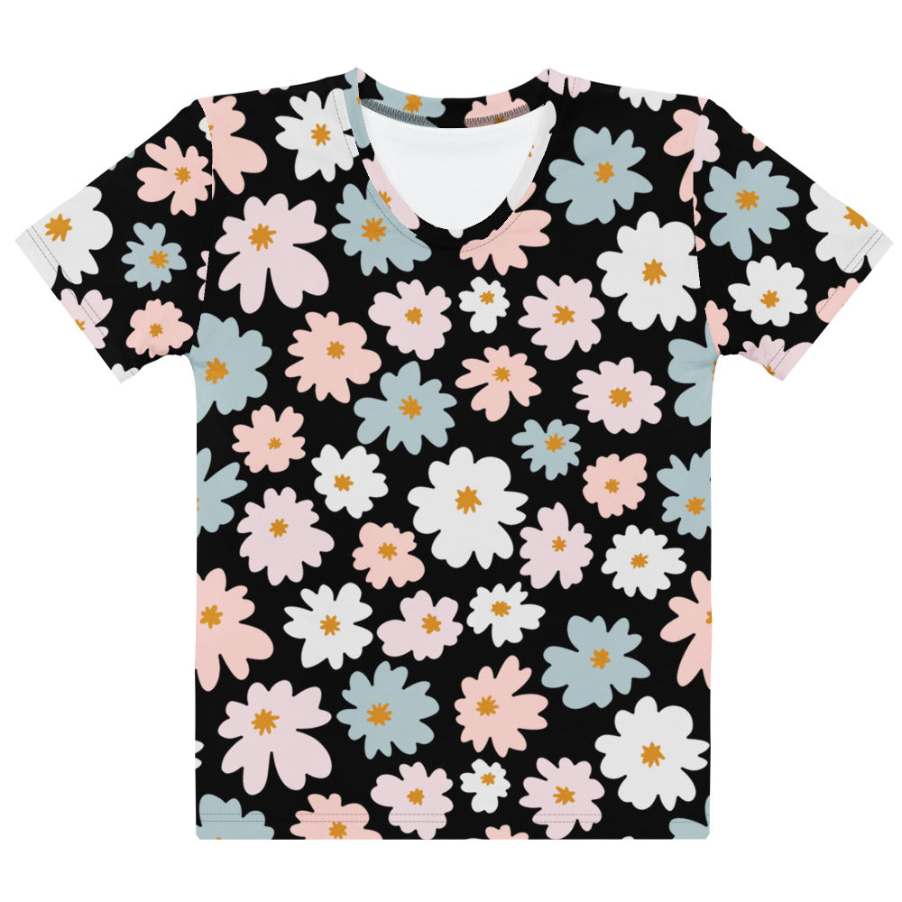 Women’s retro floral cotton t-shirt with soft stretch black v-neck and pastel pink white blue flower pattern