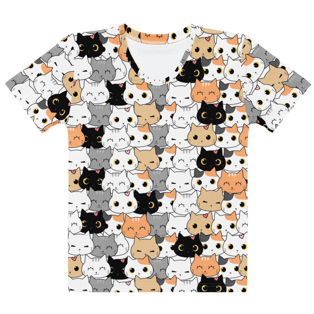 White womens cotton t-shirt with short sleeves and playful all-over cartoon cat faces in black gray orange and white
