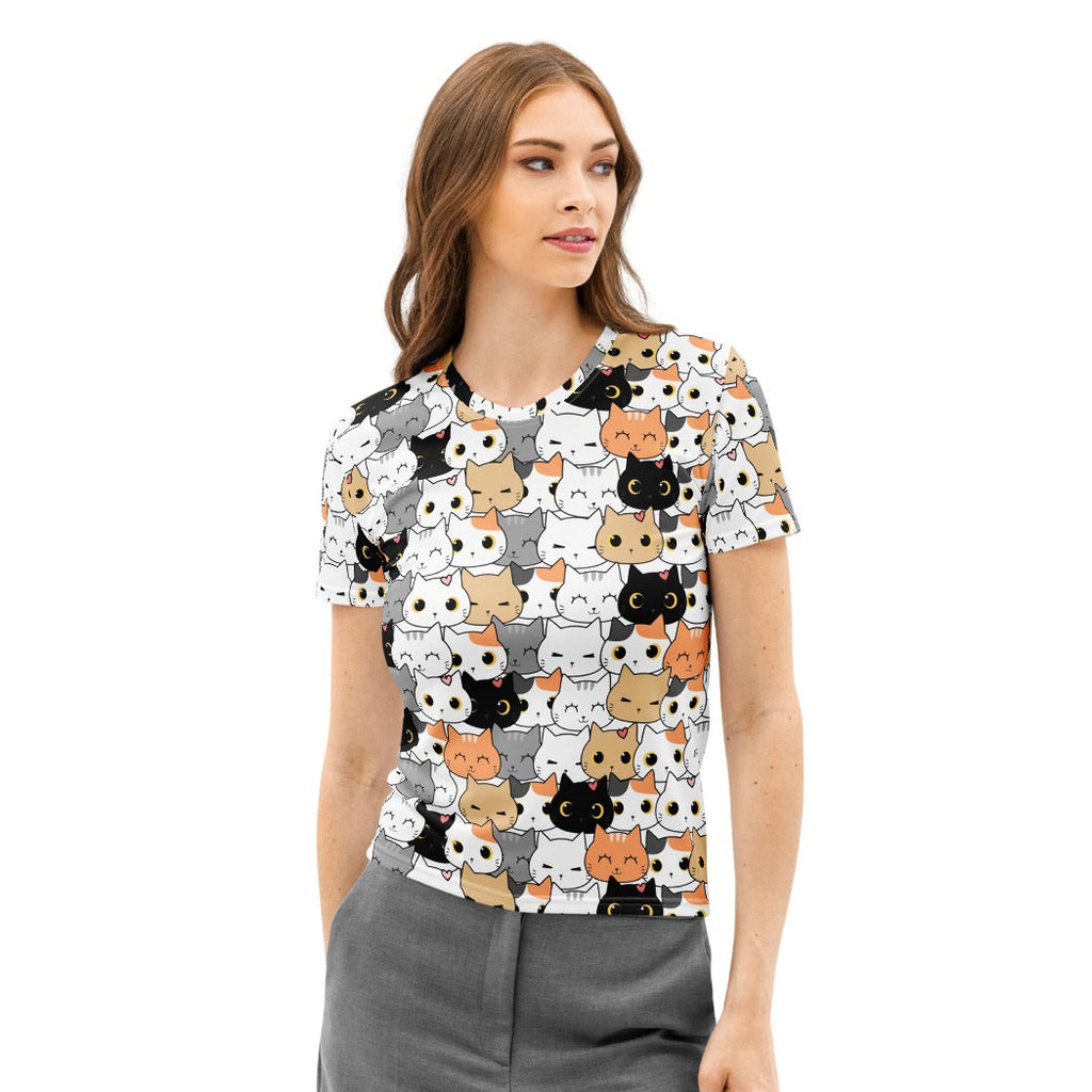 Women’s white short-sleeved cotton t-shirt with a playful multicolor cartoon cat pattern soft stretch and pilling resistant
