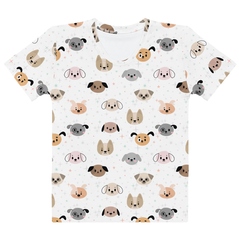 White women’s cotton t-shirt with soft stretch and playful cartoon dog print in pastel beige gray and pink tones
