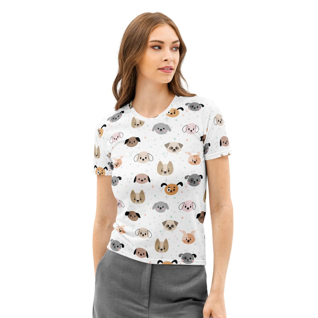 White women’s cotton t-shirt with short sleeves featuring a colorful cartoon dog face pattern, soft stretch and pilling resistant