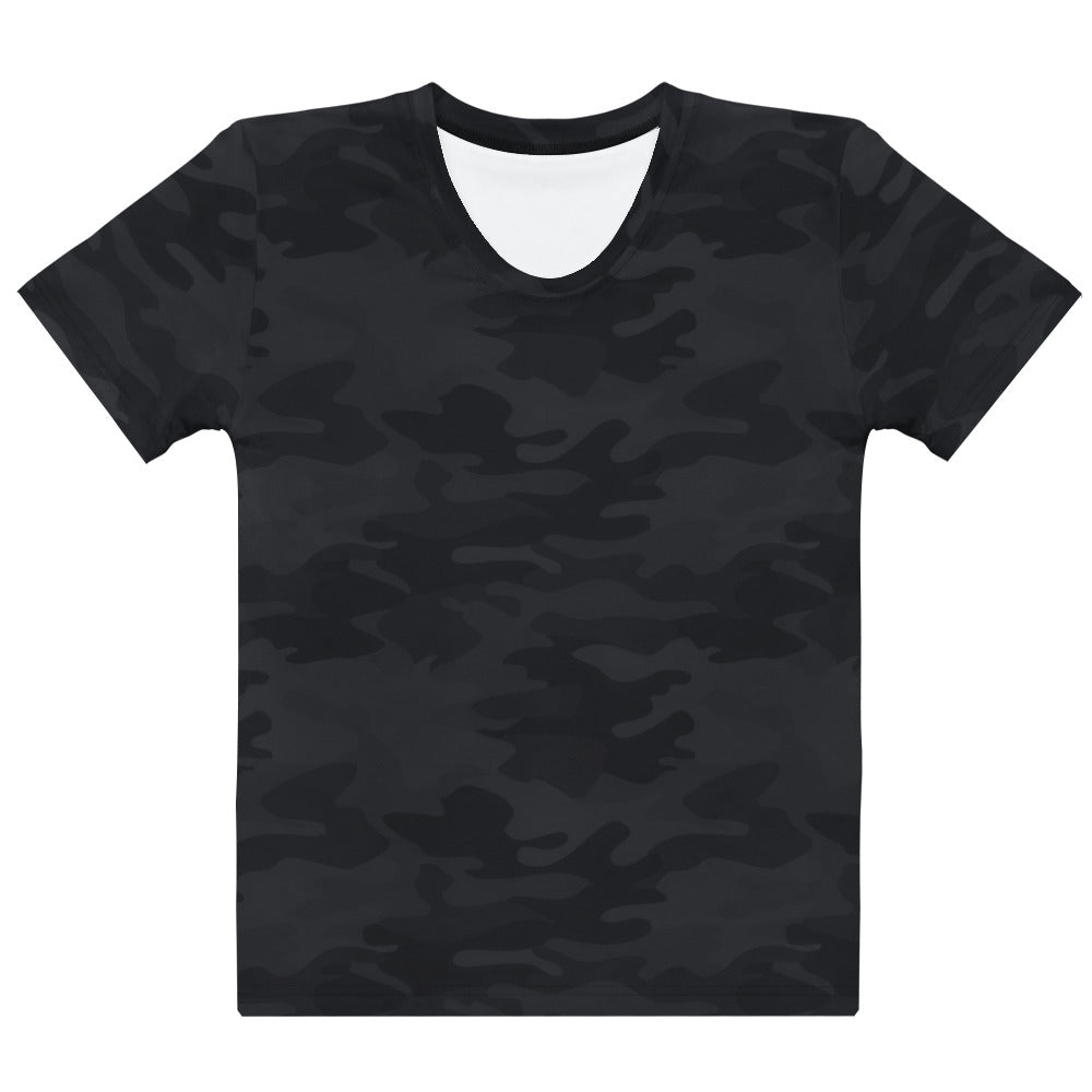 Women’s black camouflage cotton v-neck short-sleeve t-shirt with soft stretch and pilling resistant fabric