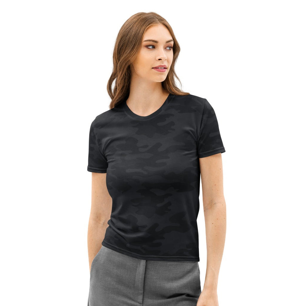 Women’s black camouflage cotton t-shirt with soft stretch fabric and pilling resistant short sleeves visible front side