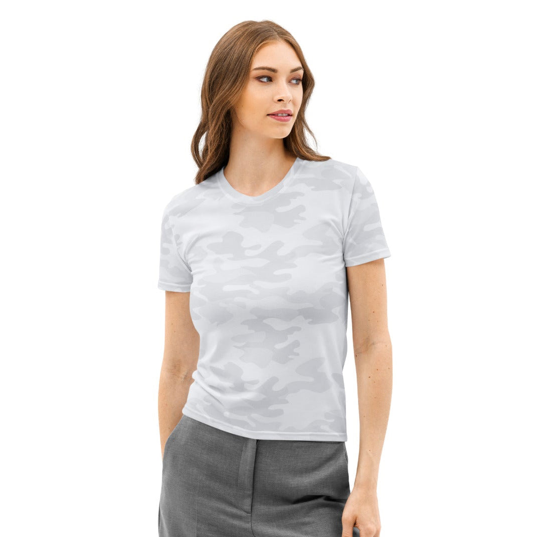 Women’s white camouflage cotton t-shirt with soft stretch and pilling resistant fabric in light gray pattern