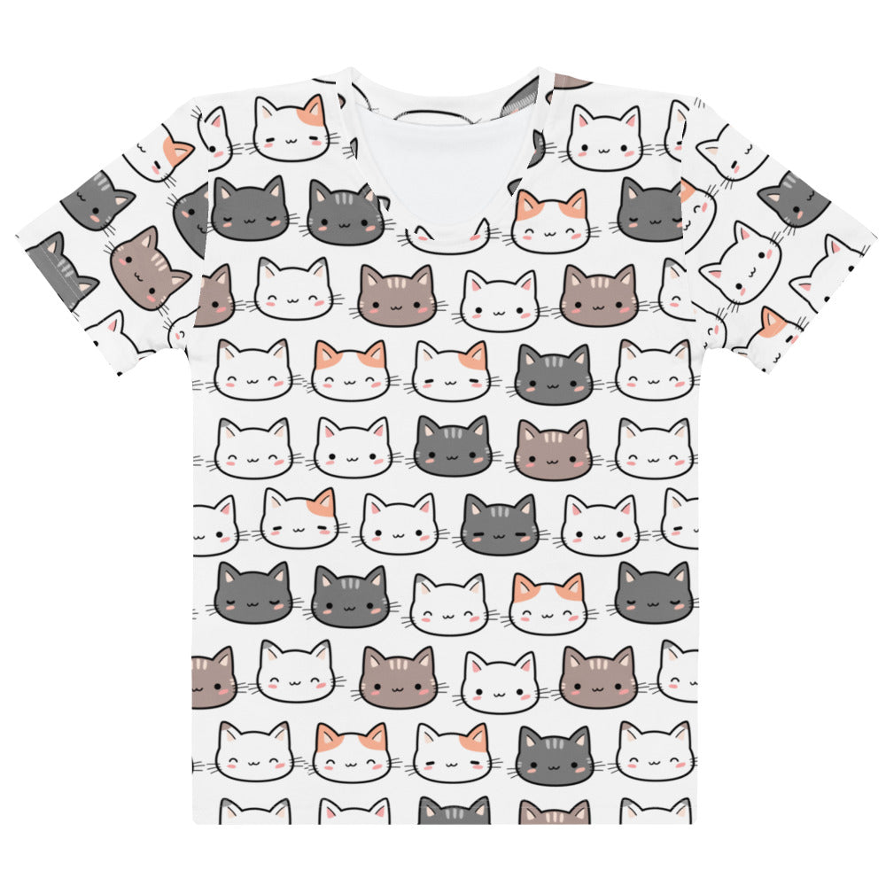 White women’s cotton short-sleeved t-shirt with soft stretch and playful colorful cartoon cat face prints