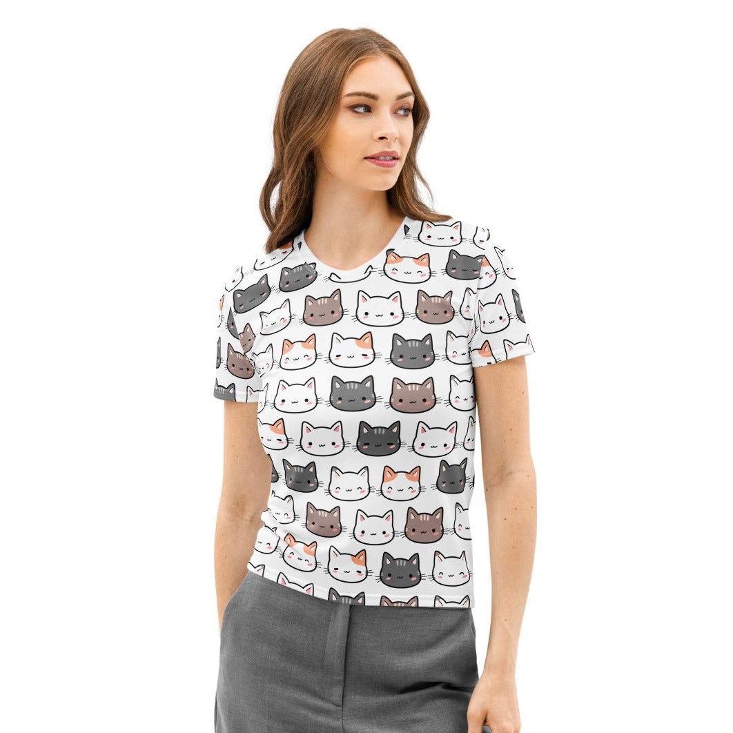 White short-sleeved cotton t-shirt for women with a soft stretch and playful multicolor cartoon cat pattern